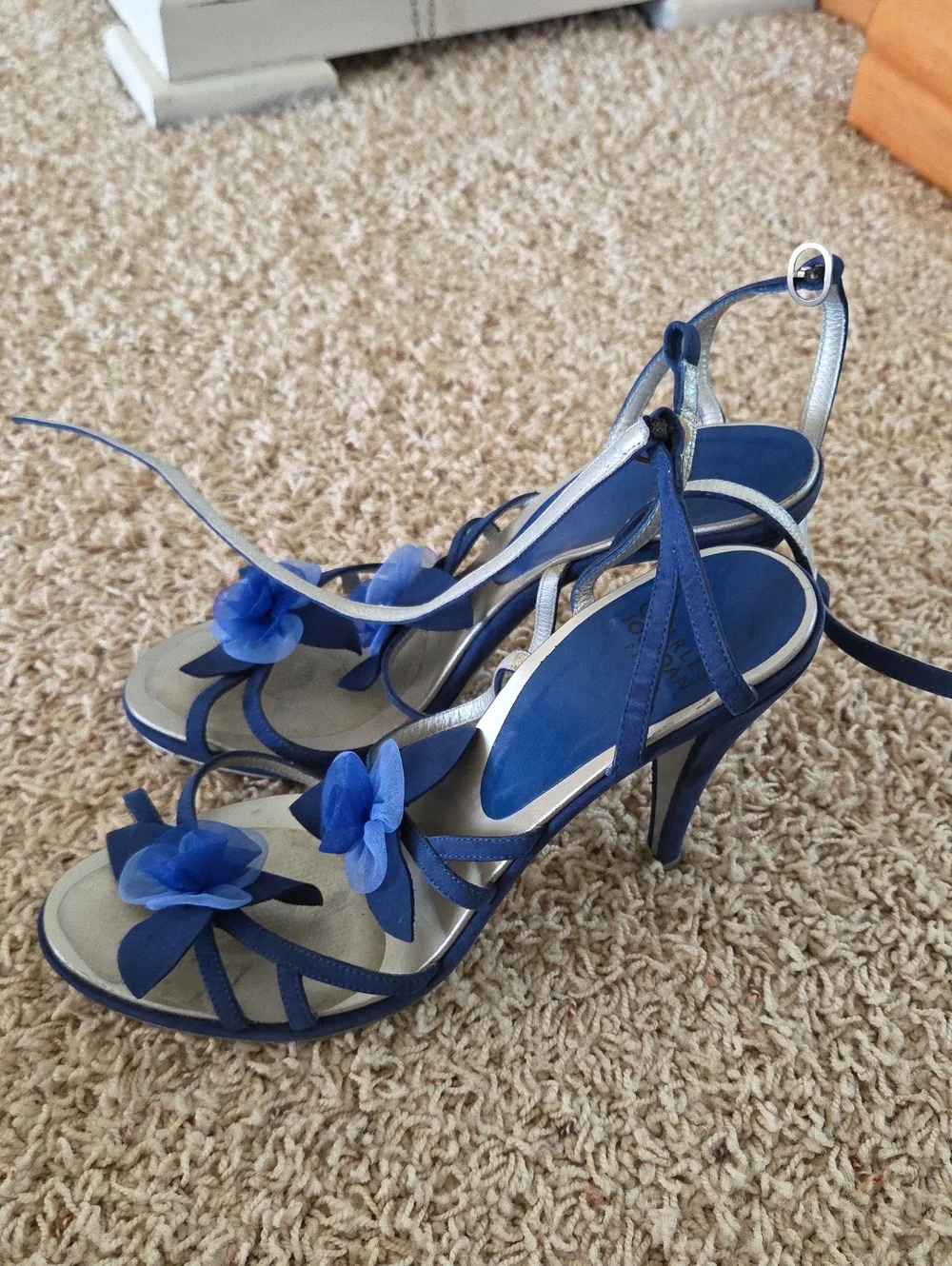 Charles Jourdan Blue Floral Tie-Ankle Heels